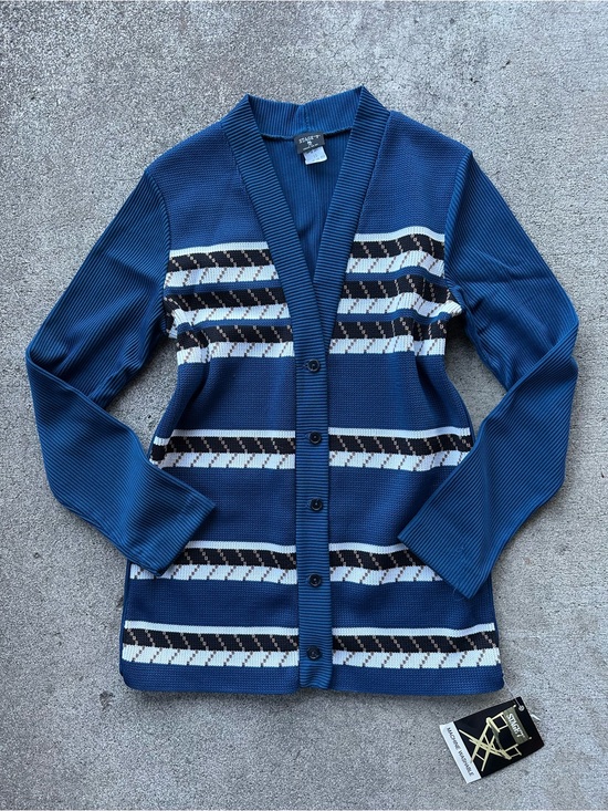 Vintage Sweaters - VTG Stage 7 Blue Striped Knit Button Sweater Cardigan Size 10